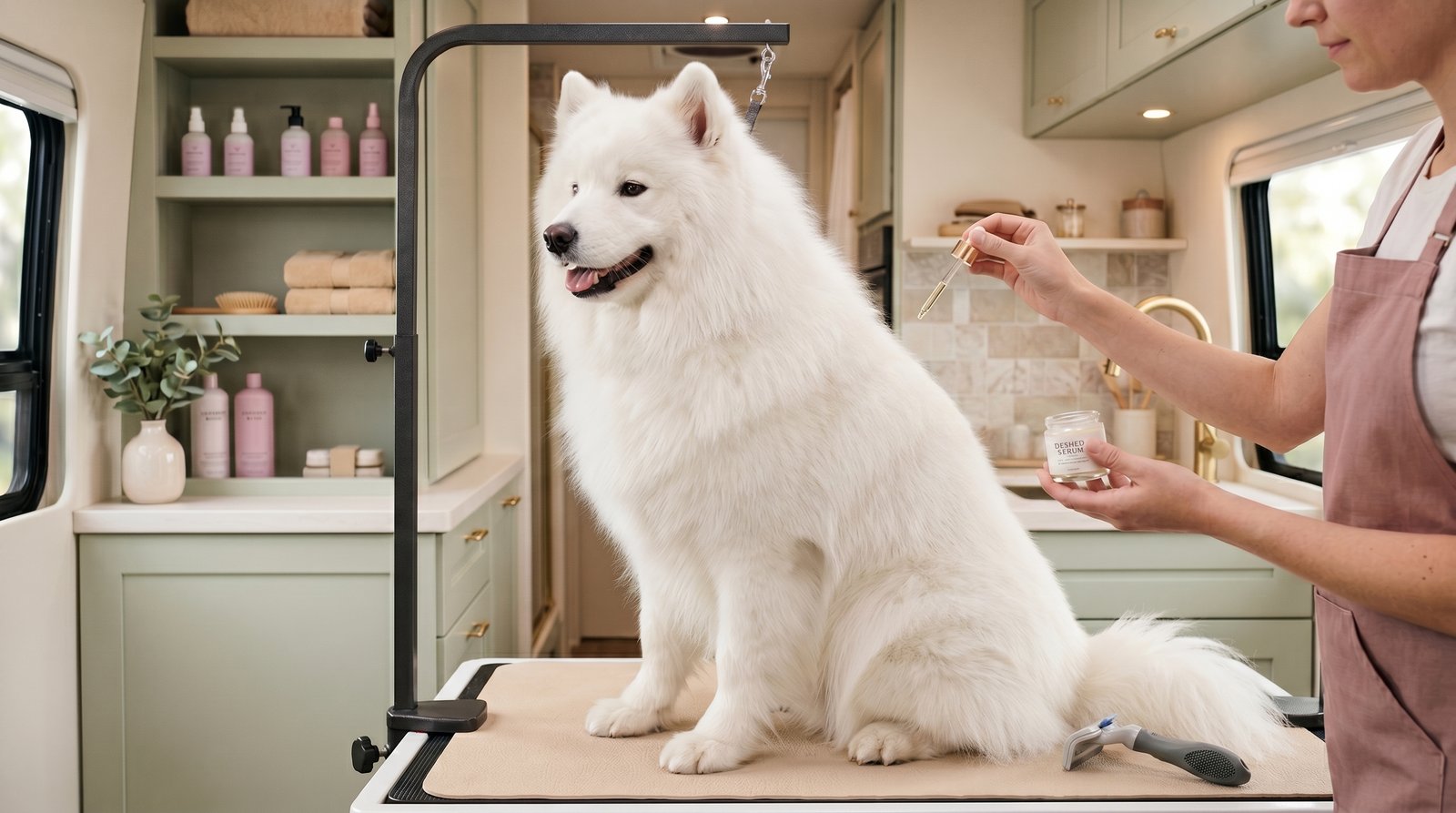 A fluffy double coat dog after a professional shedding control treatment